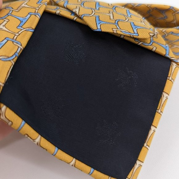 Brooks Brothers Makers Tie Mustard Gold Blue Pure Silk USA Made Chain Bit Print - Picture 5 of 7